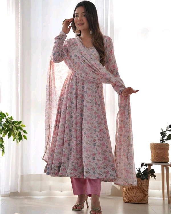 Designer Chiffon Floral Print Anarkali Gown With Bottom And Dupatta Set - Pink, Xs
