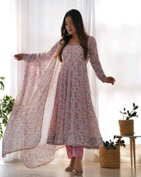 Designer Chiffon Floral Print Anarkali Gown With Bottom And Dupatta Set - Pink, L