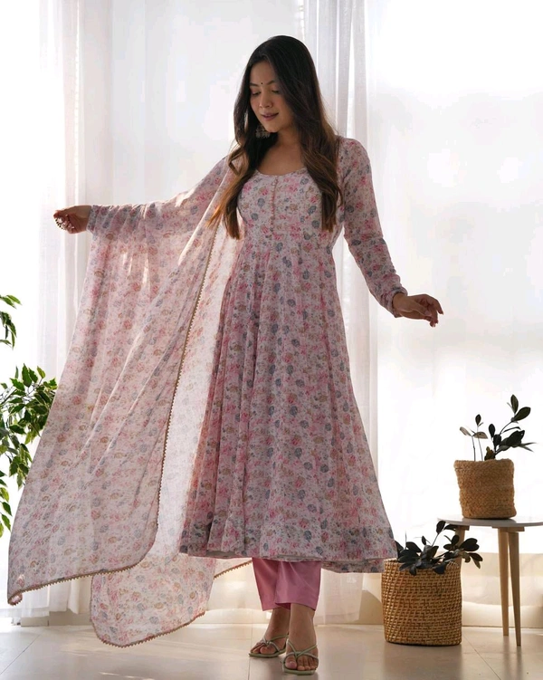 Designer Chiffon Floral Print Anarkali Gown With Bottom And Dupatta Set - Pink, L