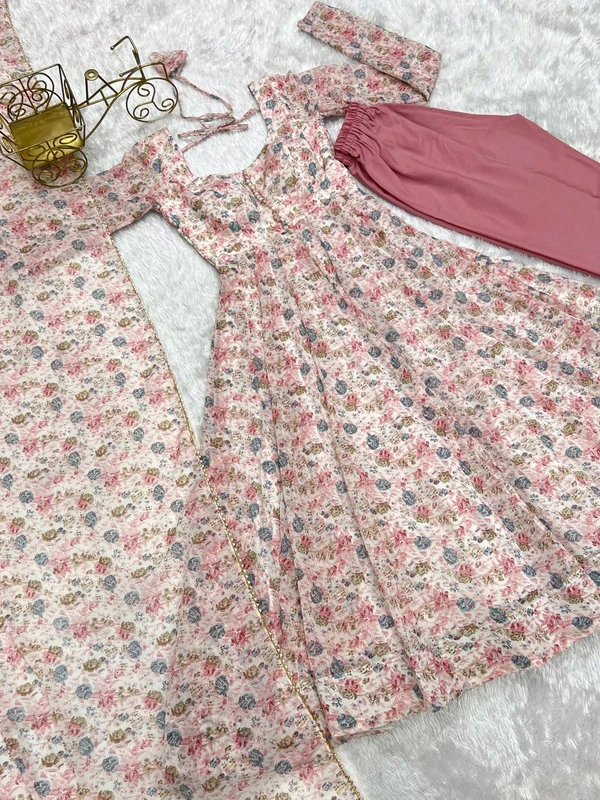 Designer Chiffon Floral Print Anarkali Gown With Bottom And Dupatta Set - Pink, L