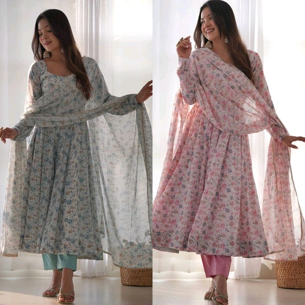 Designer Chiffon Floral Print Anarkali Gown With Bottom And Dupatta Set - Pink, XL