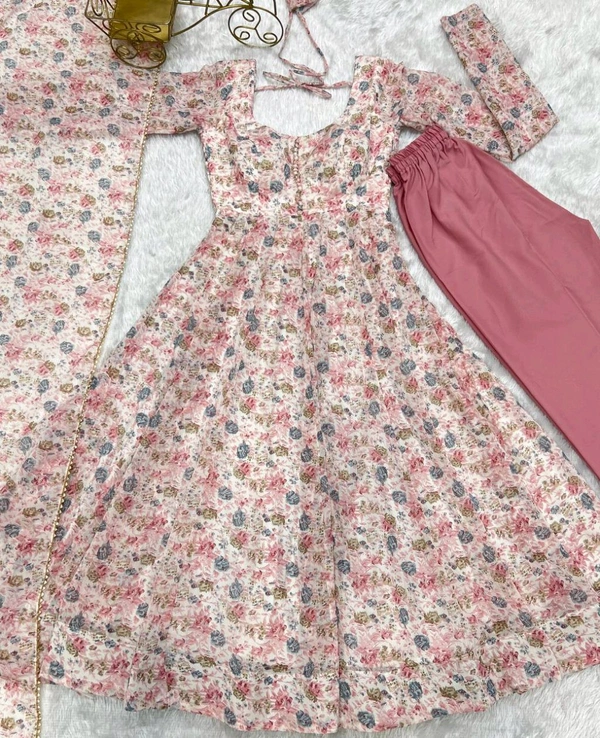 Designer Chiffon Floral Print Anarkali Gown With Bottom And Dupatta Set - Pink, XL