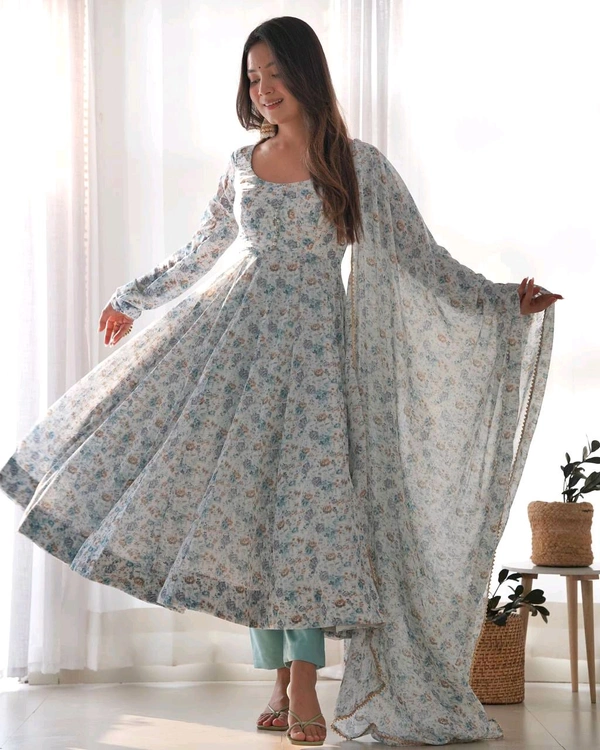 Designer Chiffon Floral Print Anarkali Gown With Bottom And Dupatta Set - Blue, M