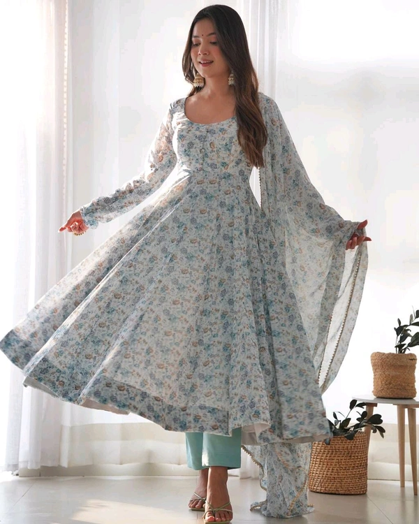 Designer Chiffon Floral Print Anarkali Gown With Bottom And Dupatta Set - Blue, M