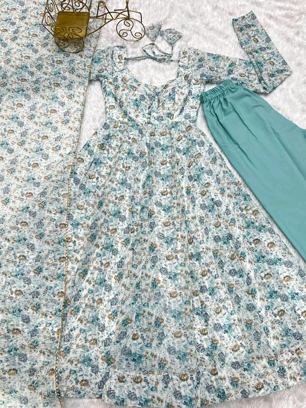 Designer Chiffon Floral Print Anarkali Gown With Bottom And Dupatta Set - Blue, XXL