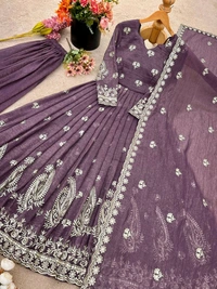 Readymade Crunchy Silk Embroidery Gown with Plazzo And Dupatta Set - L