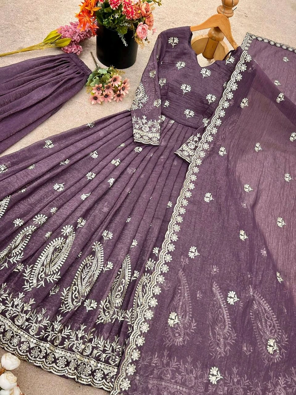 Readymade Crunchy Silk Embroidery Gown with Plazzo And Dupatta Set - L