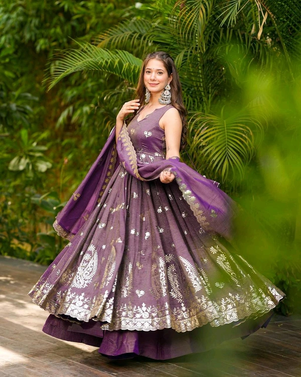 Readymade Crunchy Silk Embroidery Gown with Plazzo And Dupatta Set - XL