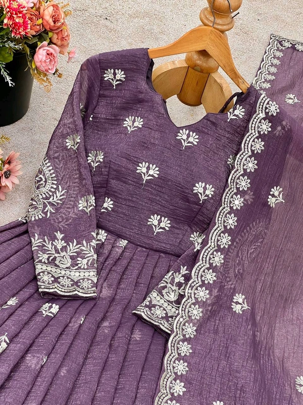 Readymade Crunchy Silk Embroidery Gown with Plazzo And Dupatta Set - XL