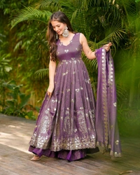 Readymade Crunchy Silk Embroidery Gown with Plazzo And Dupatta Set - XXL