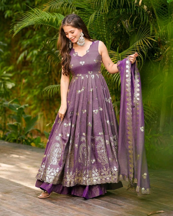 Readymade Crunchy Silk Embroidery Gown with Plazzo And Dupatta Set - XXL
