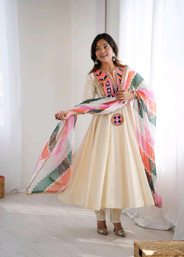 Our Real Modellinh Mirror Work Gown With Plazzo and Dupatta Set - M