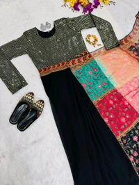 Sequin Work Zip and Go Saree Gown - XL, Black