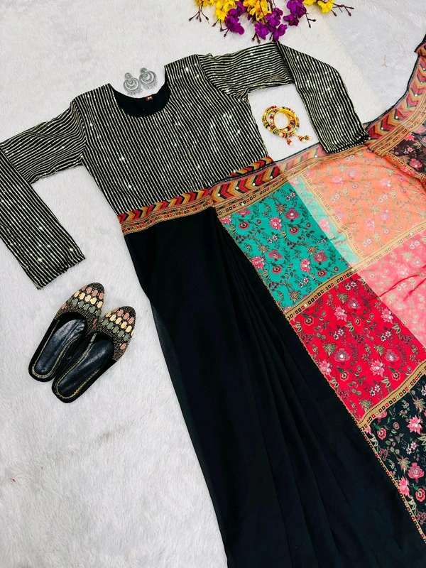 Sequin Work Zip and Go Saree Gown - XXL, Black