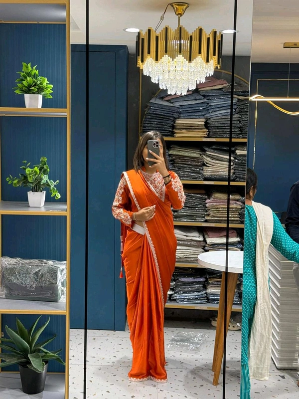 Super Trending Ready To Wear Embroidery Coding Work Saree With Blouse - Orange