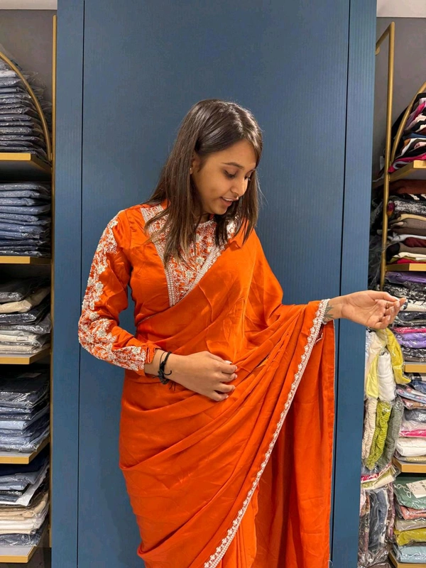 Super Trending Ready To Wear Embroidery Coding Work Saree With Blouse - Orange