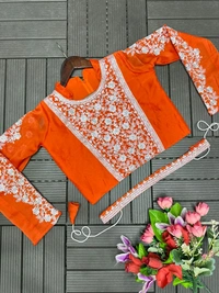 Super Trending Ready To Wear Embroidery Coding Work Saree With Blouse - Orange