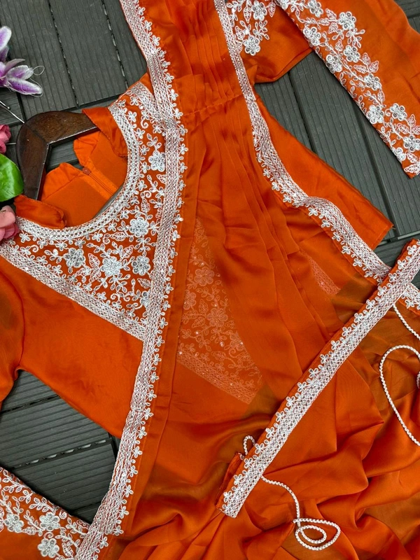 Super Trending Ready To Wear Embroidery Coding Work Saree With Blouse - Orange