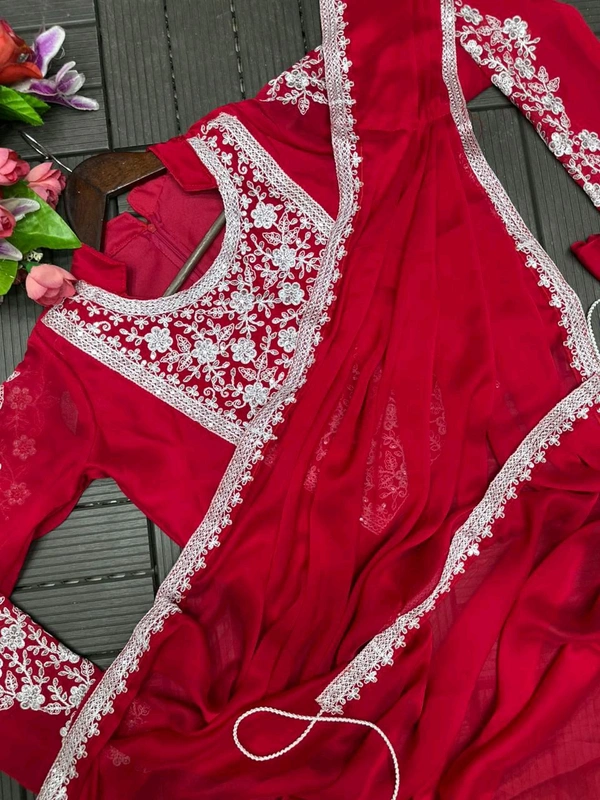 Super Trending Ready To Wear Embroidery Coding Work Saree With Blouse - Red