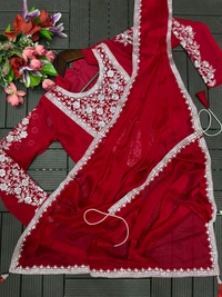 Super Trending Ready To Wear Embroidery Coding Work Saree With Blouse - Red