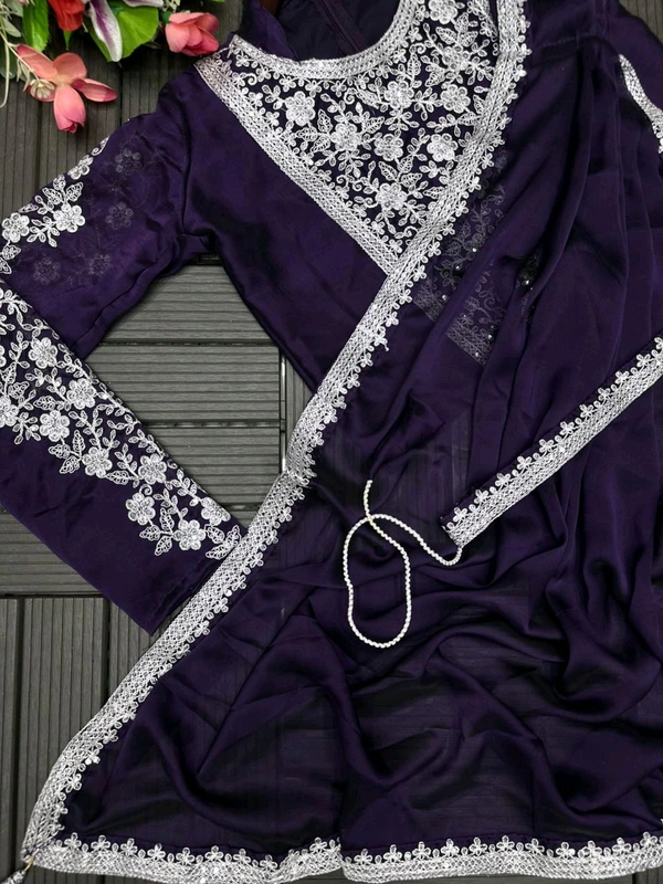 Super Trending Ready To Wear Embroidery Coding Work Saree With Blouse - Cherry Pie