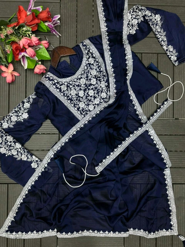 Super Trending Ready To Wear Embroidery Coding Work Saree With Blouse - Navy Blue