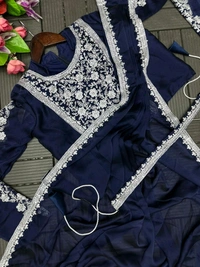 Super Trending Ready To Wear Embroidery Coding Work Saree With Blouse - Navy Blue