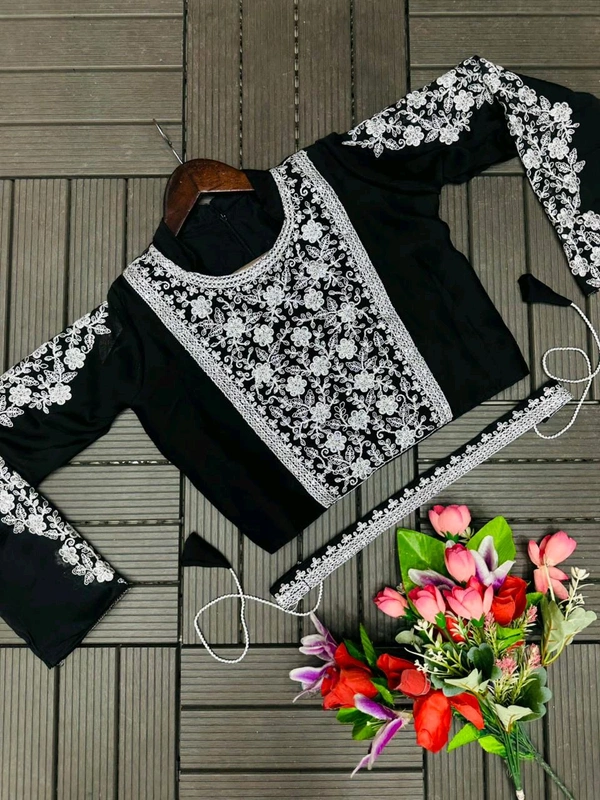Super Trending Ready To Wear Embroidery Coding Work Saree With Blouse - Black