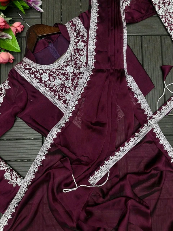 Super Trending Ready To Wear Embroidery Coding Work Saree With Blouse - Ripe Plum