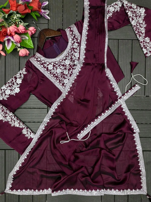 Super Trending Ready To Wear Embroidery Coding Work Saree With Blouse - Ripe Plum