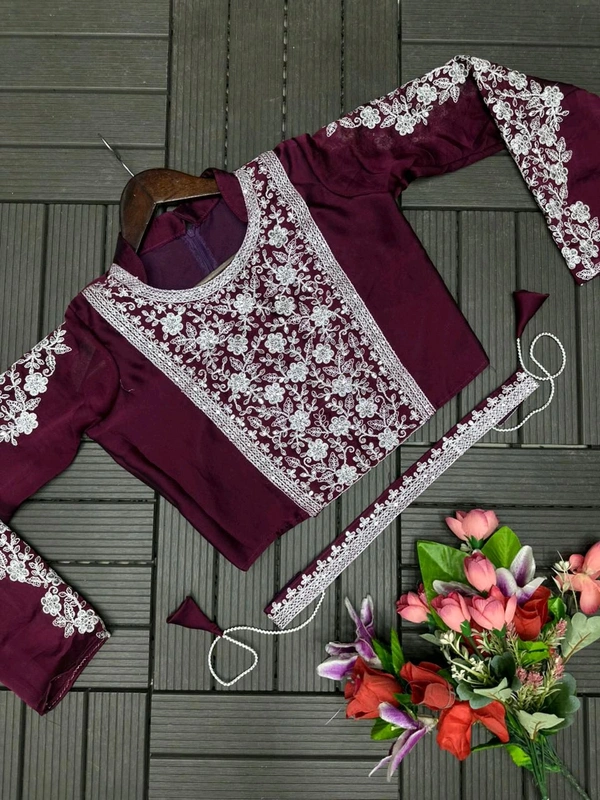 Super Trending Ready To Wear Embroidery Coding Work Saree With Blouse - Ripe Plum