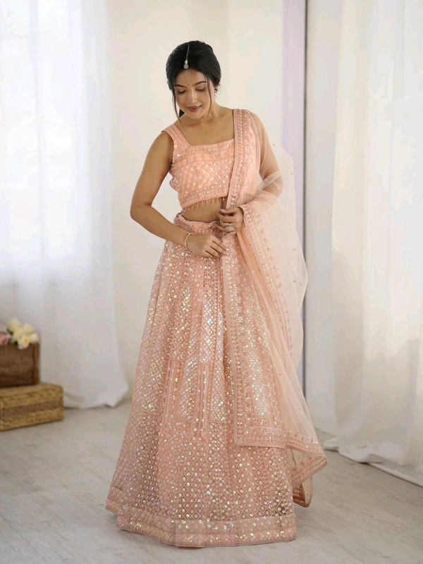 Designer Peach Color Sequins Lehenga with Can Can
