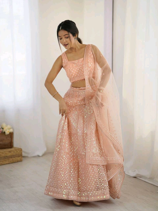Designer Peach Color Sequins Lehenga with Can Can