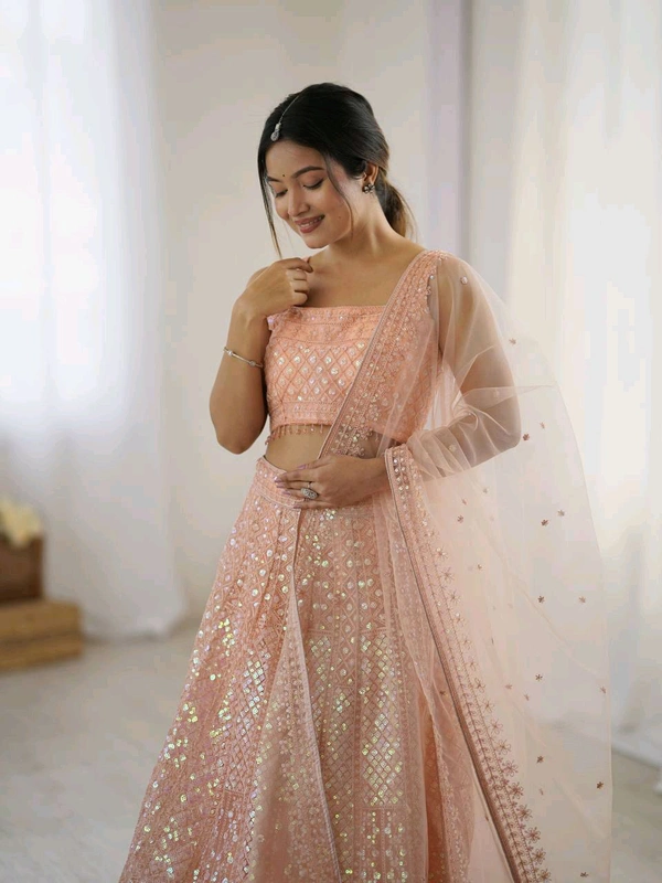 Designer Peach Color Sequins Lehenga with Can Can