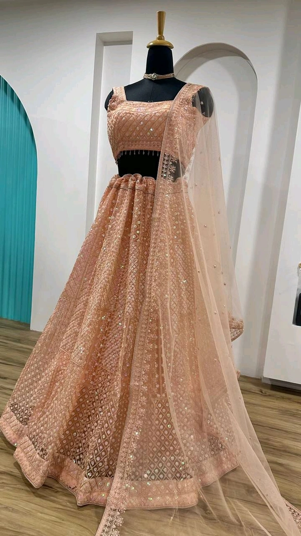 Designer Peach Color Sequins Lehenga with Can Can