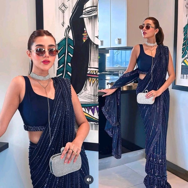 Beautiful Sequence Partywear Saree With Blouse Piece