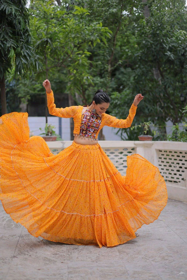 Bandhej Printed Lehenga Choli For Navratri - Yellow