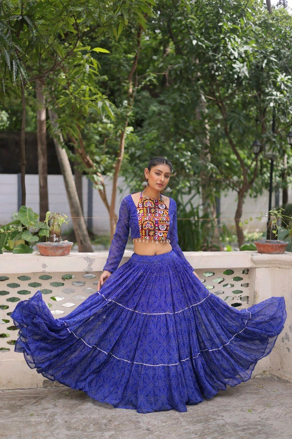 Bandhej Printed Lehenga Choli For Navratri - Blue