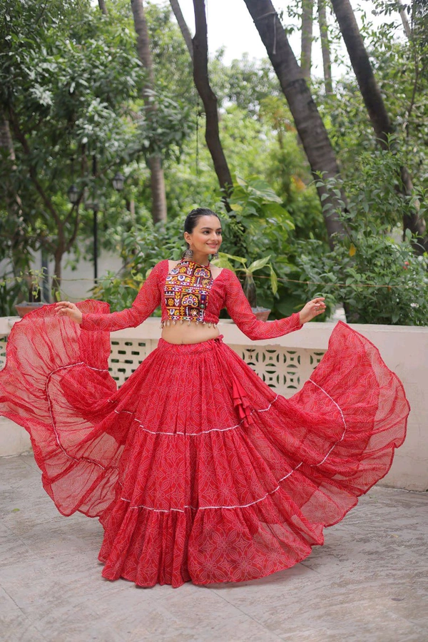 Bandhej Printed Lehenga Choli For Navratri - Red