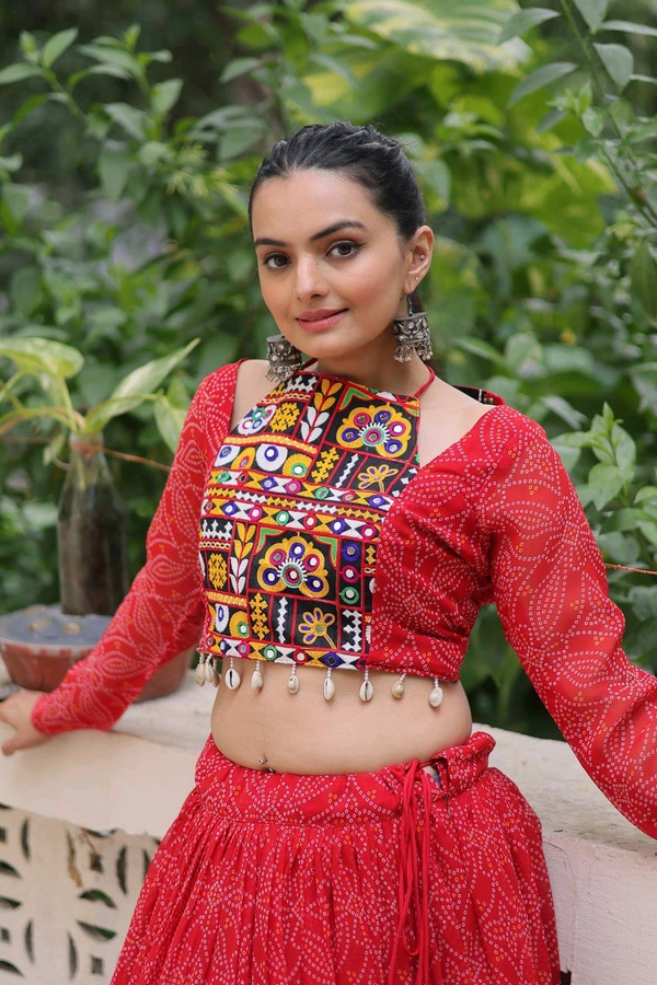 Bandhej Printed Lehenga Choli For Navratri - Red