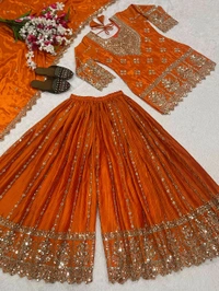 Partywear Heavy Sharara Suit - L, Orange