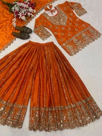 Partywear Heavy Sharara Suit - L, Orange
