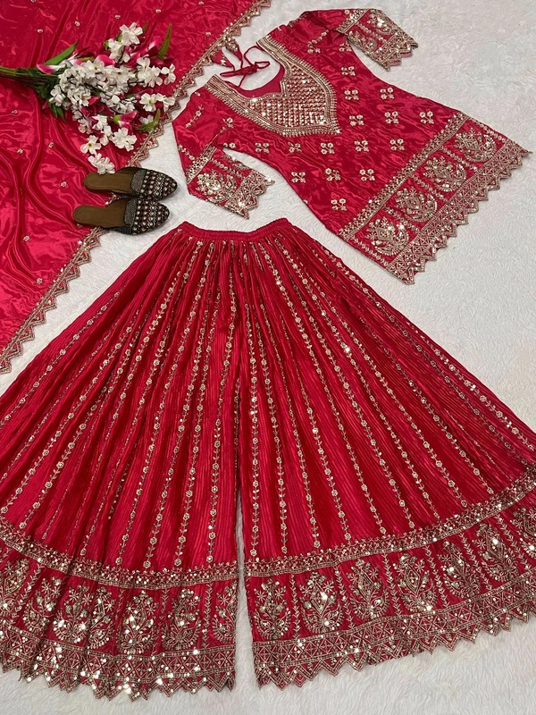 Partywear Heavy Sharara Suit - XL, Red