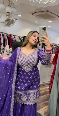 Partywear Heavy Sharara Suit - XL, Purple