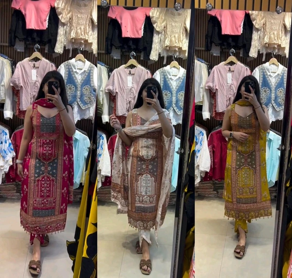 Digital Printed Silk Sleeveless Suit - White, Free Size Upto 44inch