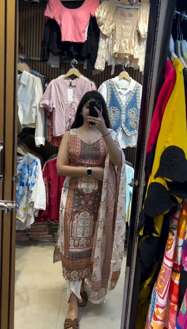 Digital Printed Silk Sleeveless Suit - White, Free Size Upto 44inch