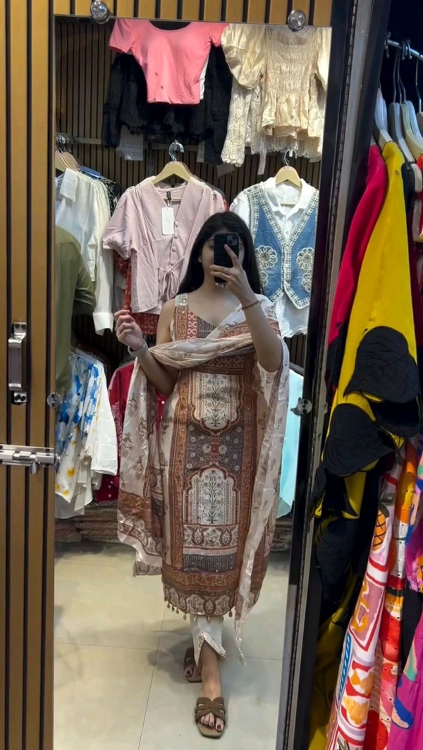 Digital Printed Silk Sleeveless Suit - White, Free Size Upto 44inch