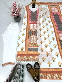 Digital Printed Silk Sleeveless Suit - White, Free Size Upto 44inch