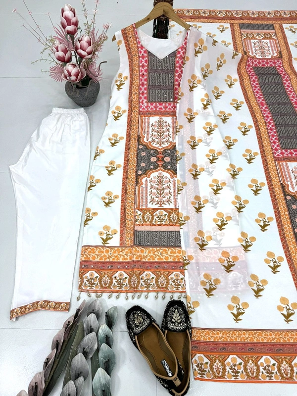 Digital Printed Silk Sleeveless Suit - White, Free Size Upto 44inch