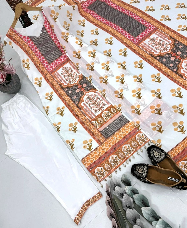Digital Printed Silk Sleeveless Suit - White, Free Size Upto 44inch